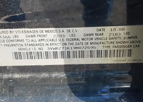 2009 Volkswagen Jetta Se/Sel z USA, uszkodzony, nr VIN 3VWRZ71K19M072595